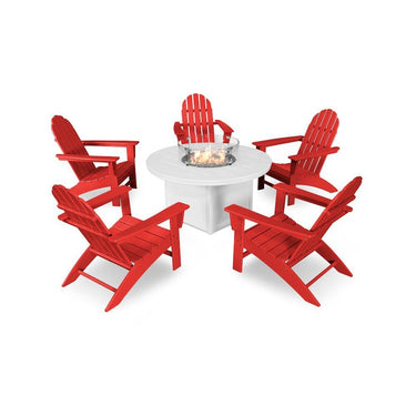 POLYWOOD Vineyard 6-Piece Adirondack Chat Set w/ Fire Pit Table - Sunset Red / White